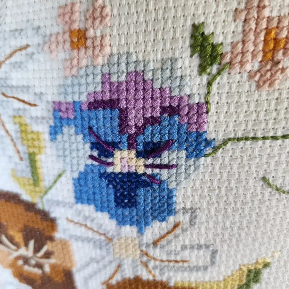 Vintage Hand Embroidered Needlepoint Granny Cottagecore Floral Throw Pillow